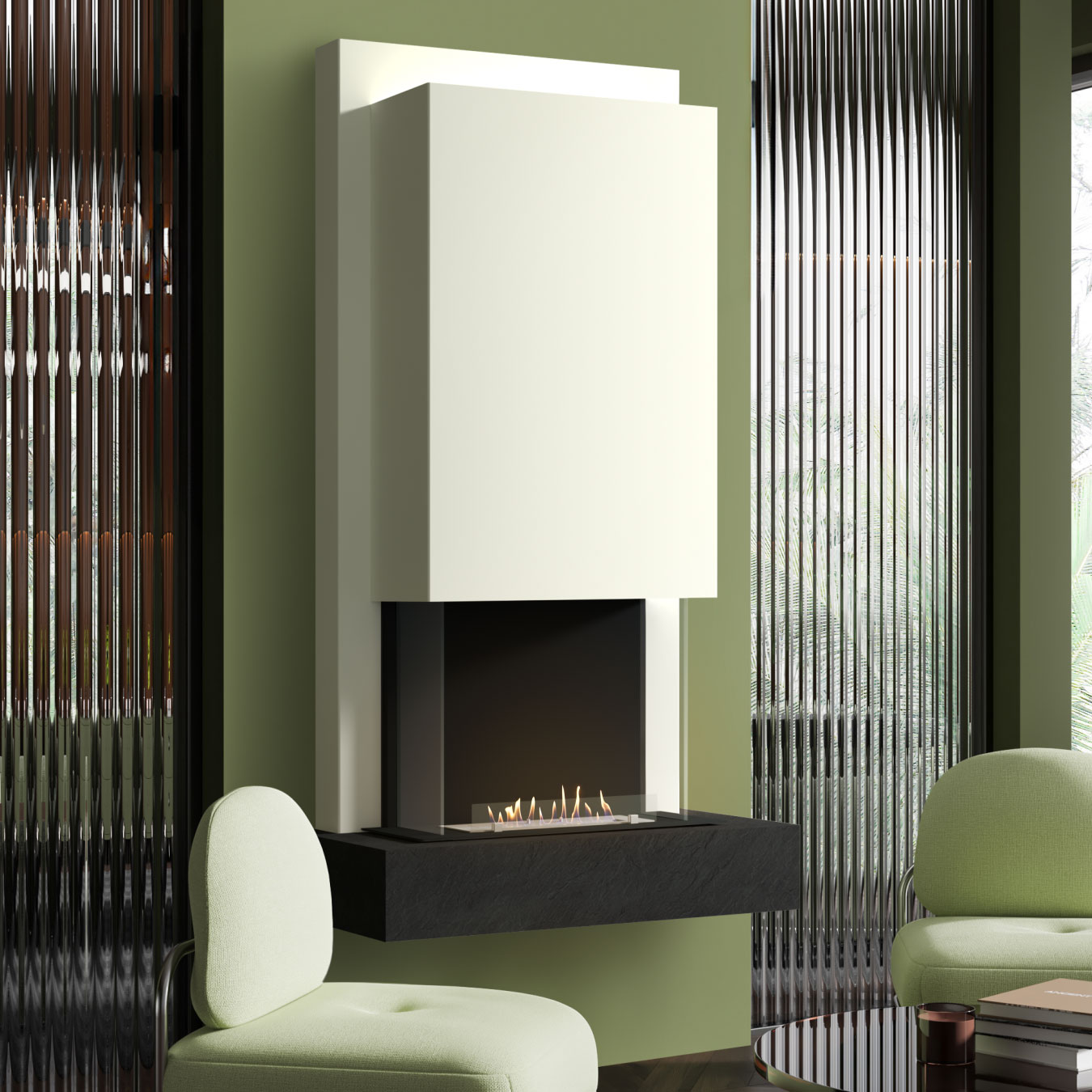 muenkel design Arco [moderner Design Ethanolkamin]: Nero (Schiefer schwarz) - Planika Senso - Weiß Image