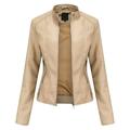 Zpanxa Winter Jackets for Women Slim Leather Jackets Stand-Up Collar Zipper Motorcycle Biker Coat Stitching Solid Color Coat Outwear Beige M