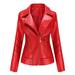 Zpanxa Winter Jackets for Women Slim Leather Jackets Stand-Up Collar Zipper Motorcycle Biker Coat Stitching Solid Color Coat Outwear Red L