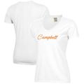 Women's White Campbell Fighting Camels Script Logo Comfort Wash V-Neck T-Shirt