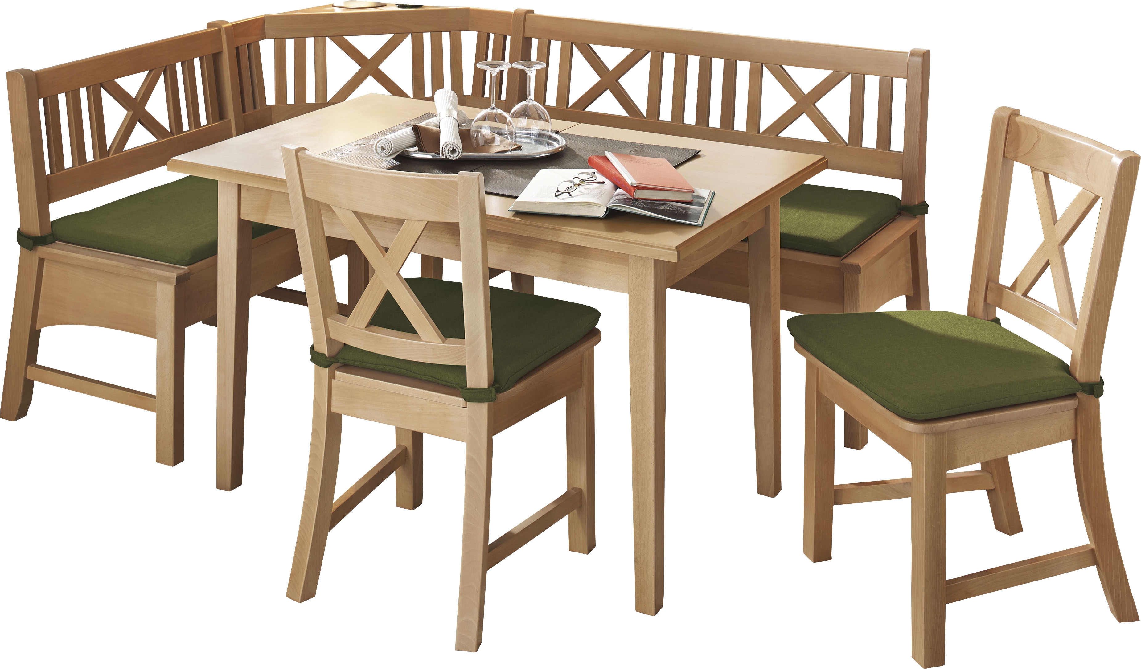 Eckbankgruppe MASSIVLINE & MORE "Bodensee", braun (buche massiv natur lackiert, buche massiv natur lackiert, buche massiv natur lackiert), B:137,18cm H:87cm T:52cm, Massivholz, Sitzmöbel-Sets, Gestell aus Massivholz, abnhembare Sitzpolster