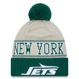 Men's New Era Cream/Green York Jets 2023 Sideline Historic Pom Cuffed Knit Hat