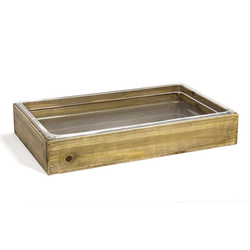 Front of the House BHO149NAW20 Rectangular Ice Housing / Pan Set - 20 3/4" x 12 3/4" x 3 1/2", Rustic Wood, Brown