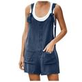 ZQGJB Clearance Jumpsuits for Women Dressy 2023 Clearance Summer Plus Size Linen Short Overalls Casual Bowknot Adjustable Suspender Shorts Solid Color Rompers with Pockets #04-Navy XXXXL