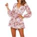 TIHLMK Jumpsuit for Women Deals Clearance Women Printed Beach Jumpsuits Deep V-Neck Long Sleeve Bandage Knot Ruffle Hem Floral Rompers Gift for Women