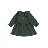 Qtinghua Toddler Baby Girls Long Sleeve Dress Casual Lapel Collar Buttons Ruched A line Princess Party Dress Green 18-24 Months