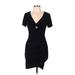Main Strip Casual Dress - Bodycon V-Neck Short sleeves: Black Solid Dresses - Women's Size Medium