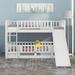 Twin Over Twin Low Bunk Bed with Slide, Solid Wood Bunk Bed Frame Floor Bunk Beds with Fence & Ladder for Kids Teens, Boys Girls