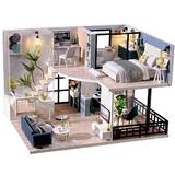 Fsolis DIY Dollhouse Miniature Kit with Furniture 3D Wooden Miniature House with Dust Cover Miniature Dolls House kit (L32)