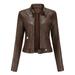 Olyvenn Womens Plus Size Long Sleeve Hoodless Casual Outwear Coats Women s Slim Leather Stand Collar Zip Motorcycle Suit Belt Coat Jacket Tops Brown 4