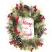 The Holiday Aisle® 26-Inch Frosted Wreath w/ Pinecones, Red Berries, & Merry Christmas Sign Traditional Faux | 26 H x 26 W x 5 D in | Wayfair