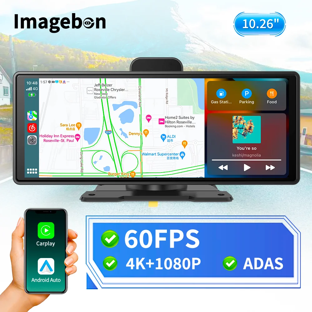 Imagebon 10,26" Wireless CarPlay & Android Auto Dash Cam ADAS 4K DVR Bluetooth Audio AUX GPS Navigation Dashboard Video Recorder Image