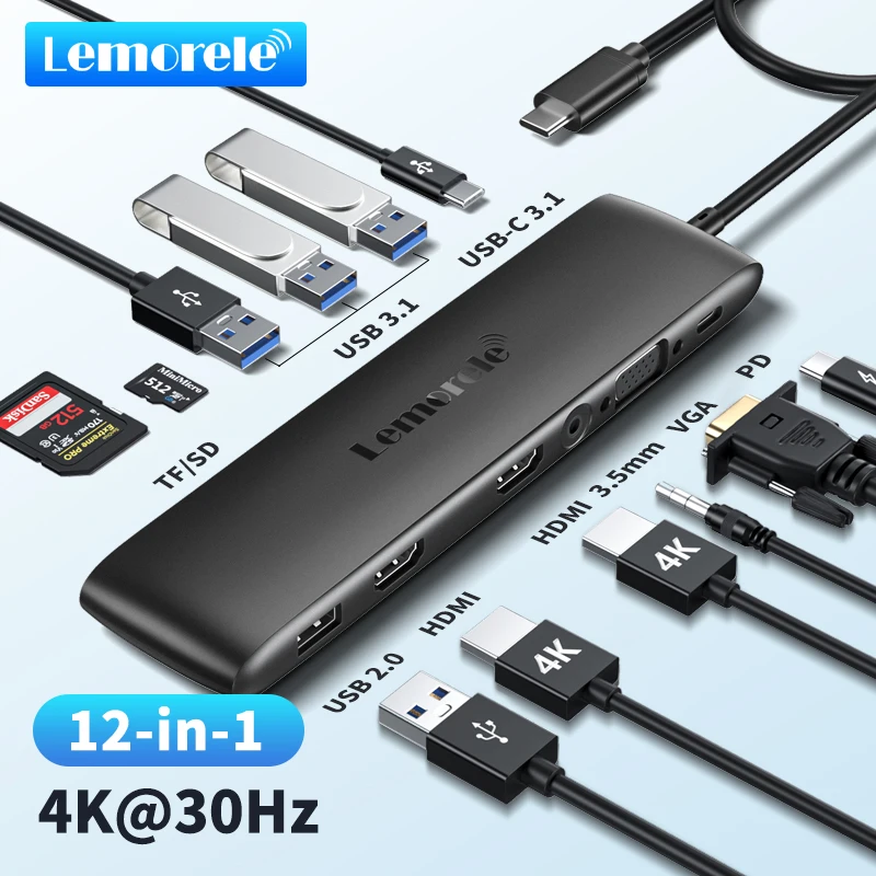 Lemorele tc97 usb hub usb 3,1 dock station usbc zu dual hdmi 4k 10gpbs typ-c 100w adapter vga usbc 3,1 für macbook windows Image