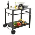 BENTISM 33.5 x 21.7 Outdoor Grill Dining Cart with Iron Tabletop 2 Tier Outdoor BBQ Mobile Grill Cart Food Preparation Portable Modular Carts for Pizza Oven