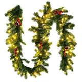 Pre-Lit Artificial Christmas Garland Green Carolina Pine White Lights Decorated with Pine Cones Battery Operated Christmas Collect