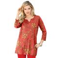 Plus Size Women's Three-Quarter Notch-Neck Soft Knit Tunic by Roaman's in Red Batik Flowers (Size 38/40) Long Shirt