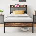 Metal&Wood Platform Bed with Storage Linen Headboard and Charging Station