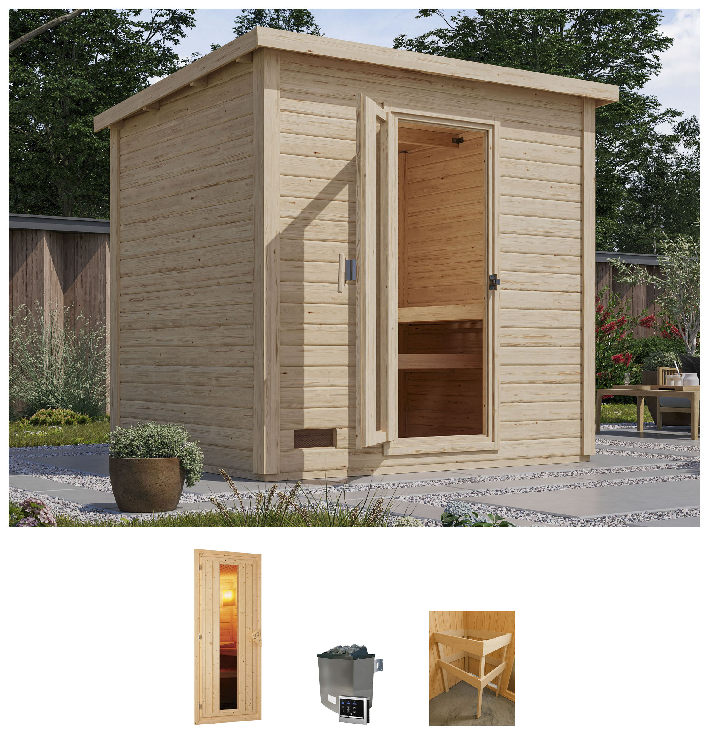 Saunahaus KARIBU "Talo 3", beige (naturbelassen), Saunaofen, externe Steuerung, 9 kW, Saunen, Ofen 9 kW, externe Steuerung Image