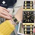 WWOOR Damen Uhr Top Marke Japanischen Quarz Uhren Quadrat Schwarz Gold Uhr Edelstahl Wasserdicht