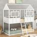 White Metal Low Bunk Bed with Fence-shaped Guardrail, House-shaped Cabin Bed and Built-in Ladder, Twin over Twin Size