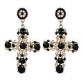 NUOLUX Vintage Crystal Cross Drop Earrings for Women Baroque Bohemian Large Long Earrings Jewelry(Black)