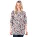 Plus Size Women's Perfect Printed Long-Sleeve Crewneck Tee by Woman Within in Heather Grey Red Pretty Floral (Size 2X) Shirt