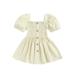 Nituyy Little Girlâ€™s Puff Short Sleeve Dress Solid Color Square Collar Button A-line Dress