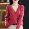 New Spring Autumn Pure Wool Cardigan Women's V-neck Merino Wool Knitted Jacket 2023 Korean