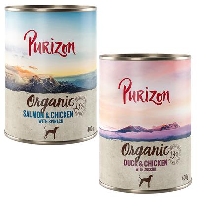 Lot Purizon Organic Bio 24 x 400 g pour chien - lot mixte : 3 x canard & poulet, 3 x saumon & poulet