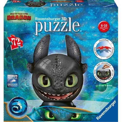 Ravensburger 11145 - Dragon 3, The Hidden World, Ohnezahn mit Ohren, Puzzleball, 3D Puzzle, Kinderpuzzle, 72 Teile - Ravensburger Verlag