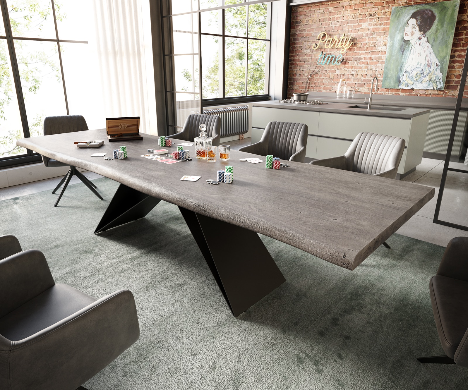 DELIFE Esstisch Edge 300x100 XL Akazie Platin V-Gestell Flachstahl Schwarz Live-Edge, Esstische, Baumkantenmöbel, Massivholzmöbel, Massivholz Image