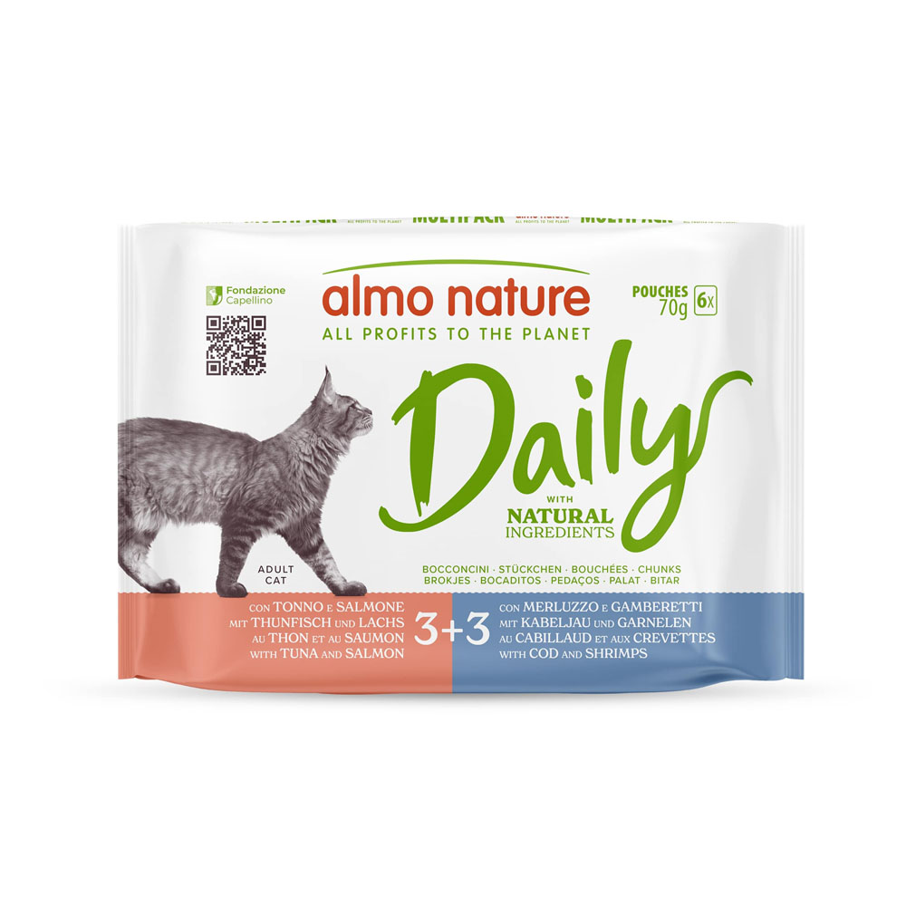 Almo Nature Daily 24 x 70 g umido gatto - Mix: Tonno e Salmone, Merluzzo e Gamberetti