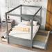 Wood Canopy Bed with Trundle Bed and Two Drawers, Full Size Canopy Platform Bed With Support Slats