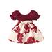 Nituyy Kid Girl Princess Summer Dress Puff Short Sleeve Off Shoulder Flower Printed Patchwork Ruched A-Line Dress with Belt