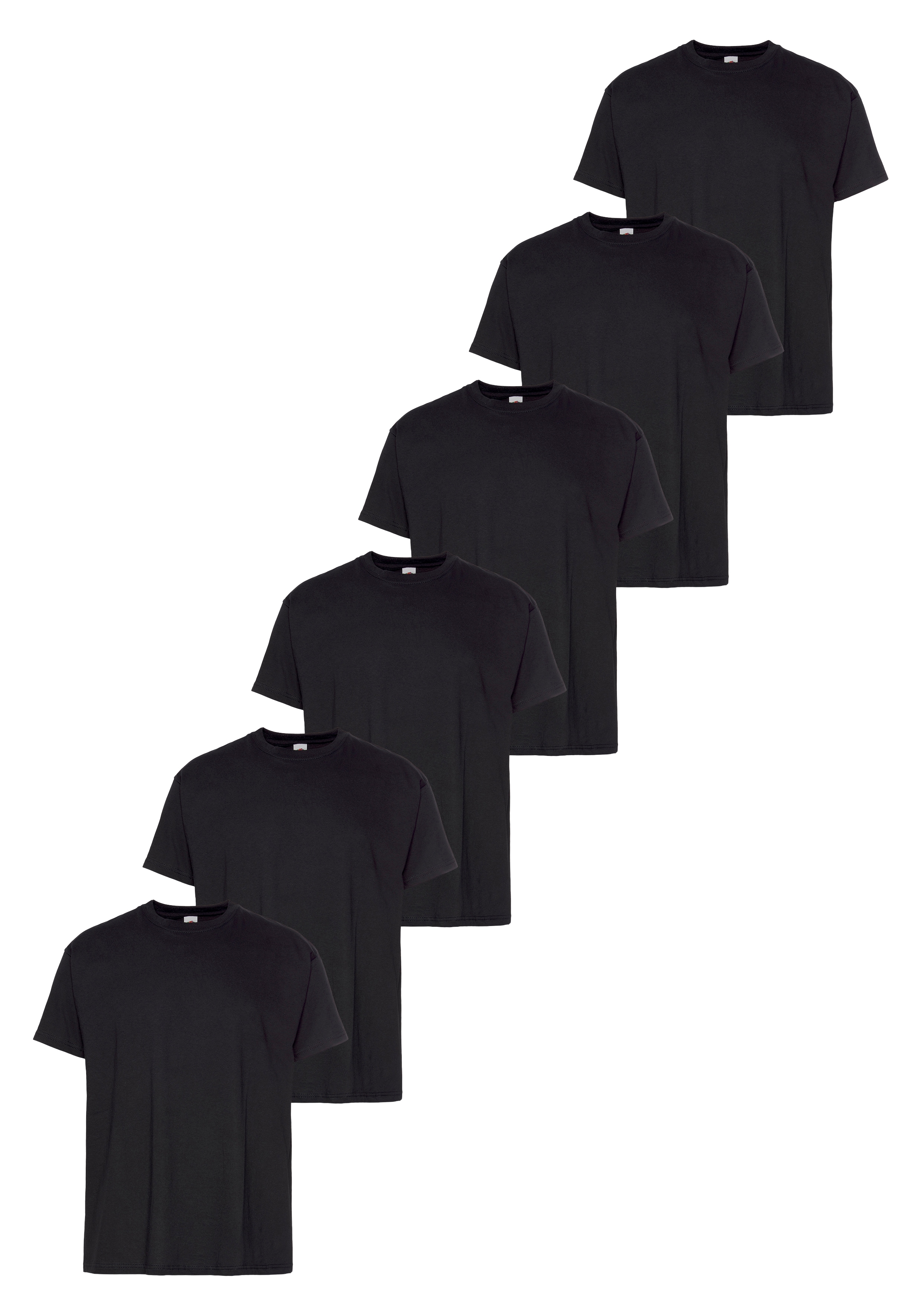 T-Shirt FRUIT OF THE LOOM "sechs Stück in unterschiedlicher Farbkomination", Herren, Gr. 5XL (72/74), schwarz, Single Jersey, Obermaterial: 100% Baumwolle, unifarben, Basic, schmal normal, Rundhals, Shirts, mit Rundhalsausschnitt Image