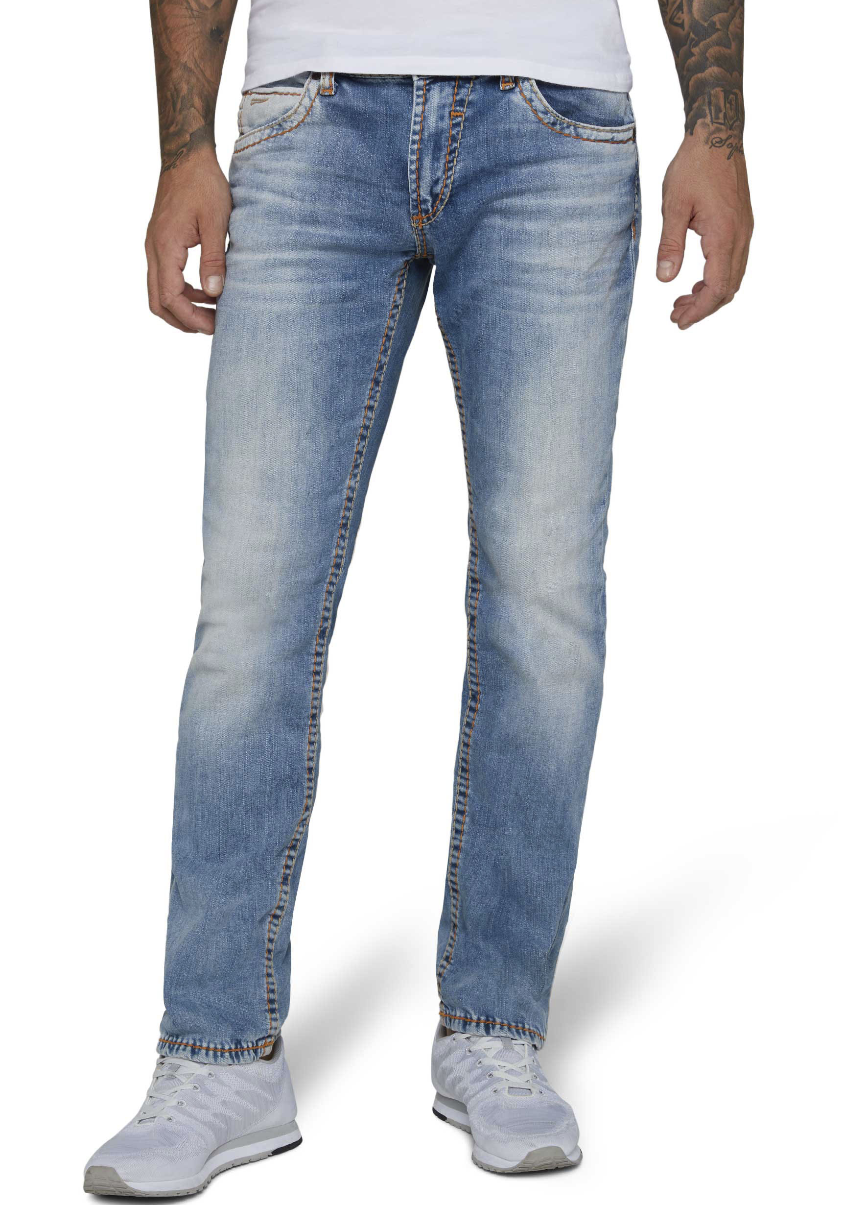 Straight-Jeans CAMP DAVID "NI:CO:R611", Herren, Gr. 34, Länge 32, blau (light vintage), Denim/Jeans, Obermaterial: 99% Baumwolle, 1% Elasthan, straight fit, Jeans Straight-Jeans, mit markanten Steppnähten
