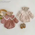 2023 Autumn Infant Baby Girls Full Sleeve Peter Pan Collar Lace Ruched Floral One-piece Newborn Kids