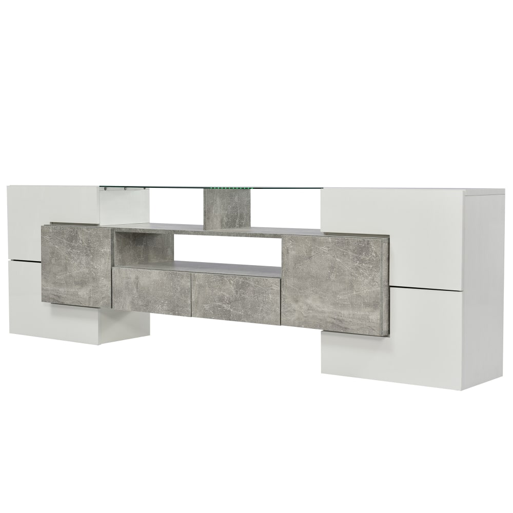 Meuble TV élégant blanc brillant éclairage LED surface en verre