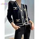 Special Jacquard Craft Knit Cardigan Jacket Women's Autumn College Style Short Sweater Black V-neck