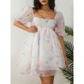 Mini robe de princesse à imprimé floral pour femmes manches courtes bouffantes encolure carrée de