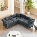 Button Tufted Couch Set L-shape Velvet Sectional Sofa Set with 3 Throw Pillows and Roll Arm Sofa for Living Room Couch