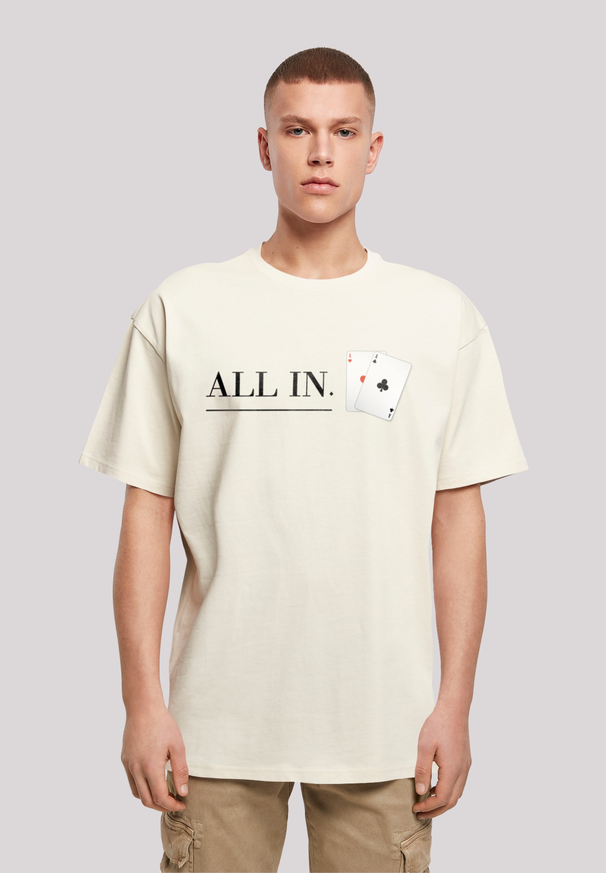 T-Shirt F4NT4STIC "Poker All In Karten", Herren, Gr. M, beige (sand), Obermaterial: 100% Baumwolle, oversize, Rundhals, ohne Bündchen, Shirts, Print Image