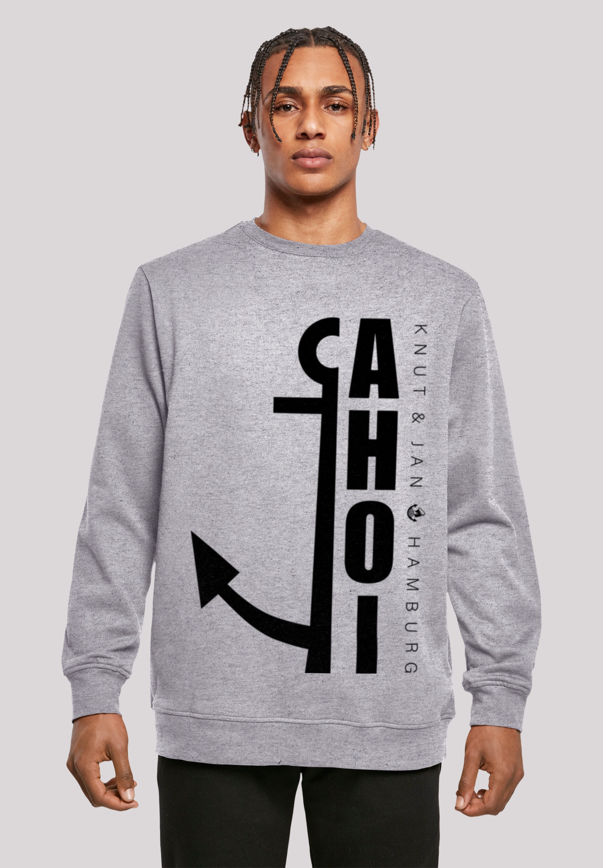 Kapuzenpullover F4NT4STIC "Ahoi Anker Knut & Jan Hamburg", Herren, Gr. M, grau (erdgrau), Obermaterial: 50% Baumwolle, 50% Polyester, relaxed fit, Rundhals, Pullover, Print Image