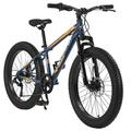 24 inch Fat Tire Bike Adult/Youth Mountain Bike with 3 Wide Tire Shimano 7 Speeds Dual Disc Brake Fat Tire Bicycles for Men with High-Carbon Steel Frame Front Suspension Multiple Colors-Grey