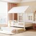 Full Size Wood Creativity House Bed with Twin Size Trundle Bed, Wooden Daybed with Roof and Windows Design for Bedroom