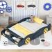Full Size Wood Frame Platform Bed, Race Car-Shaped Design and Yellow Wheel Decoration Children Bed with Wheels and Storage
