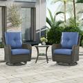 3 Piece Outdoor Wicker Swivel Rocker Patio Set with Cushion & Table Blue