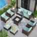 7/9-Seat Patio Furniture Wicker Rattan Outdoor High-back Sectional Sofa Conversation Set with Firepit Table Lake blue - 9-Seat+Square firepit table