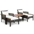 5PCS Patio Rattan Furniture Set Acacia Wood Table Armrest Cushion Yard