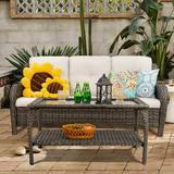 Cozywor Wicker Outdoor Lounge Sofa Couch with Cushions and Table Beige